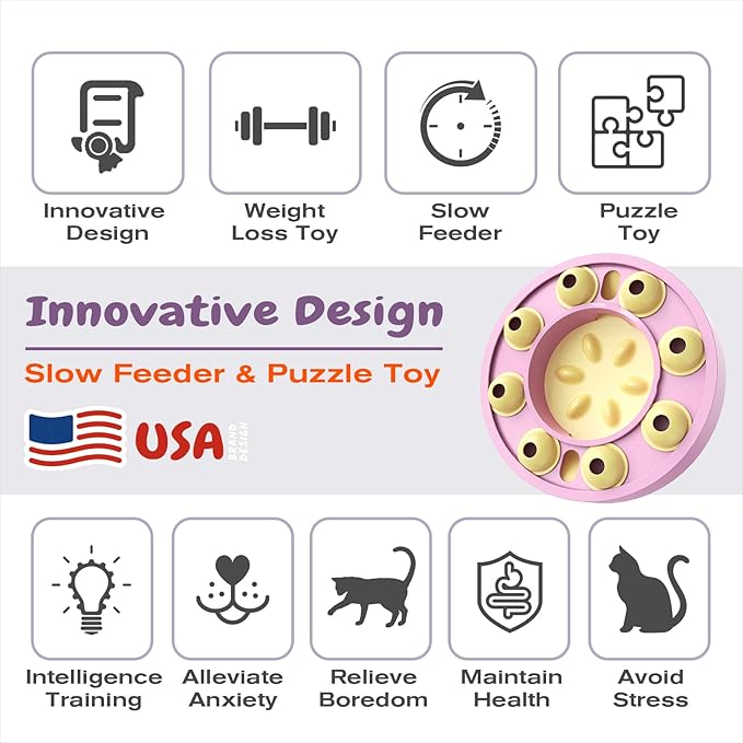KADTC U.S. Brand & Design,Cat Puzzle Toy for Indoor Cats Treat Puzzles,Food Slow Feeder,Kitten Enrichment Toys Kitty Mental Stimulation Bowl Brain-Teasing Pink Toy