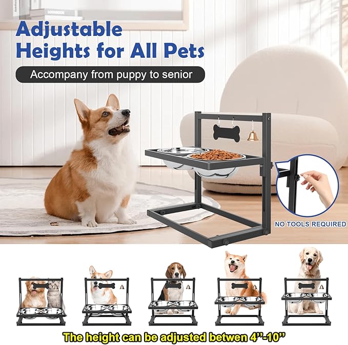 Elevated Dog Bowls for Medium and Small Dogs, 5 Height Adjustable & 2 Stainless Steel Bowls 800ml/27oz, Raised Food Dog Water Stand