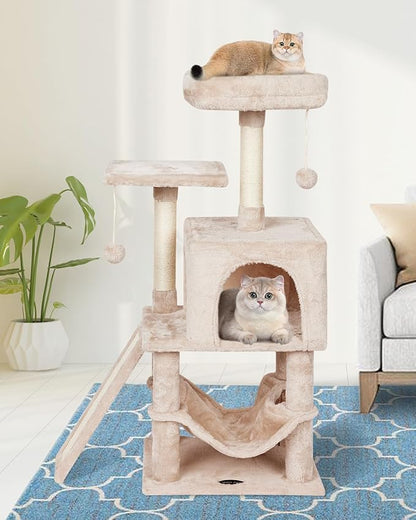 MIAO PAW Cute Cat Tree Tower for Indoor Cat Tower with Scratching Post Modern Activity House Hammock Hanging Ball Condo with Board Beige