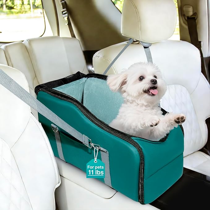 LIWSHWZ Console Dog Car Seat - Portable Travel Dogs Armrest Booster Seat with Absorbent Recyclable Diaper Pad,Dog Seat Belt for Car,Pockets,Zippered Enclosure,for Pets Under 11 lbs