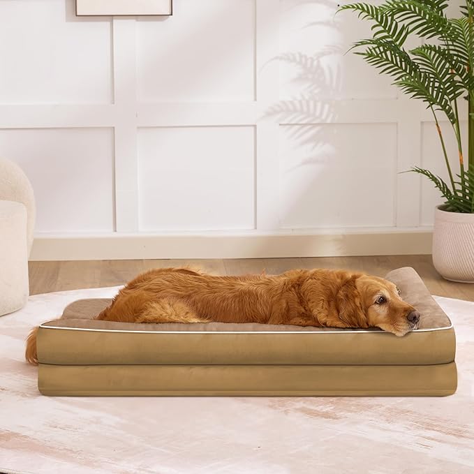 Dog Bed Large Sized Dogs, XXL Orthopedic Dog Bed for Large Dogs, Waterproof Pet Bed with Washable Removable Cover, L-Shaped Pet Couch with Portable Handle 48"x35"x7.5", Camel
