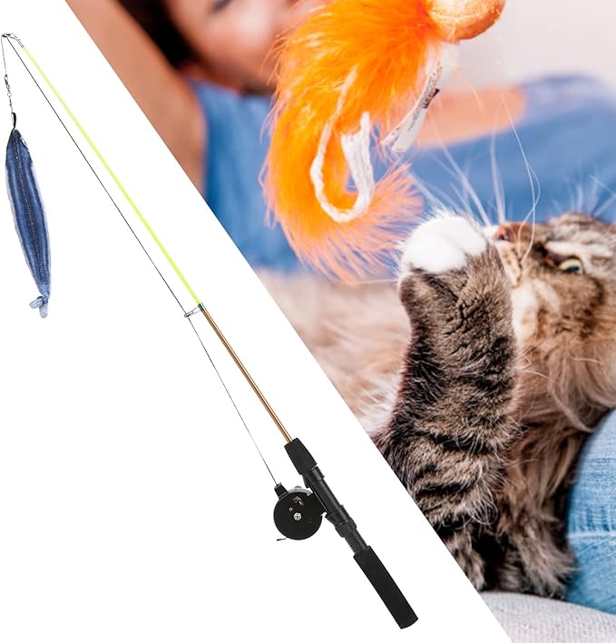 Cat Fishing Pole Toy, Fishing Pole Cat Toy Cat Teaser Wand Cat Wand Toys Flexible Interactive Pulley Telescopic Fishing Rod Cat Toy (Saury+Fishing Rod)