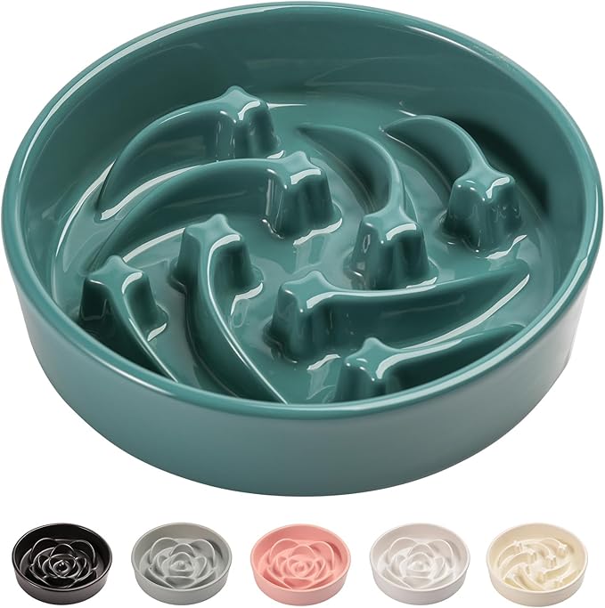 8.26 in Deep Green Ceramic Slow Feeder Dog Bowl for Medium and Large Breed,Pet Feeding Dog Food Water Dish Heavy Weighted,Puppy Bowl for Fast Eaters,Puzzle Slow Eating Dish Modern Maze Meteor