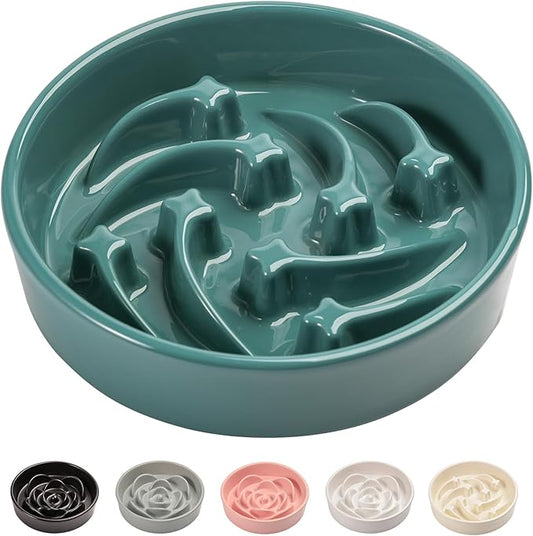 8.26 in Deep Green Ceramic Slow Feeder Dog Bowl for Medium and Large Breed,Pet Feeding Dog Food Water Dish Heavy Weighted,Puppy Bowl for Fast Eaters,Puzzle Slow Eating Dish Modern Maze Meteor