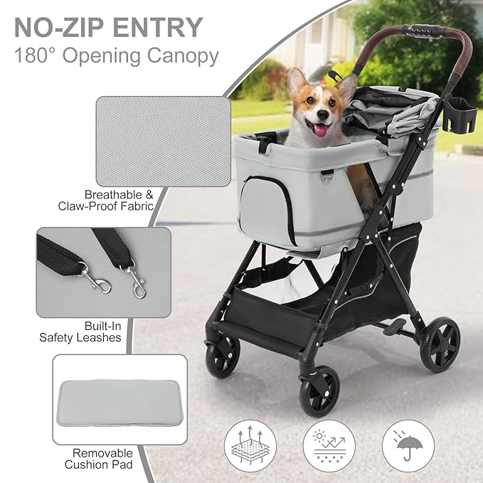 NO-Zip Pet Stroller for Small Dogs & Cats, Lightweight Dog Stroller with Reflective Safety Strips, One-Hand Fold, Claw-Proof Mesh, Breathable Travel Carriage, 33lbs Capacity, Gray