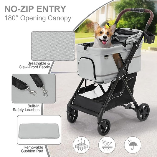 NO-Zip Pet Stroller for Small Dogs & Cats, Lightweight Dog Stroller with Reflective Safety Strips, One-Hand Fold, Claw-Proof Mesh, Breathable Travel Carriage, 33lbs Capacity, Gray