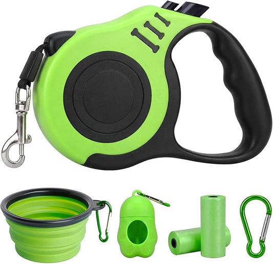 PETIMP Retractable Dog Leash Lightweight 16FT Leash, with Folding Bowl,Dispenser,Waste Bags, for Small Medium Dogs(Green)