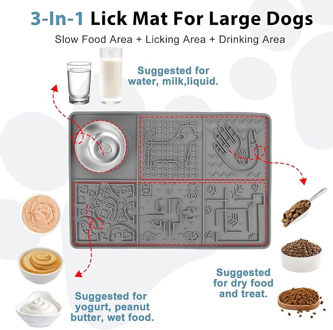 Lick Mat for Dogs Large Breed,Silicone Dog Licking Pad with Strong Suction Cups&Stainless Steel Bowl for Dog Anxiety Relief,Dogs Enrichment Toys for Bathing,Grooming,Training Grey