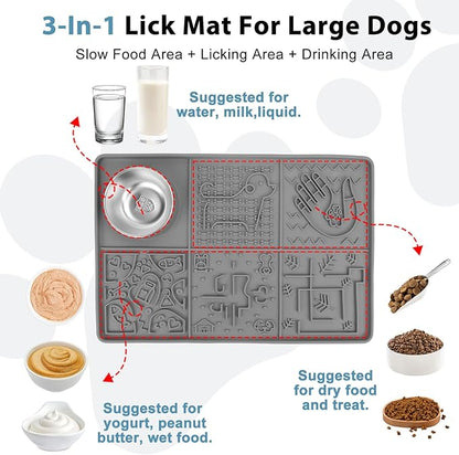 Lick Mat for Dogs Large Breed,Silicone Dog Licking Pad with Strong Suction Cups&Stainless Steel Bowl for Dog Anxiety Relief,Dogs Enrichment Toys for Bathing,Grooming,Training Grey