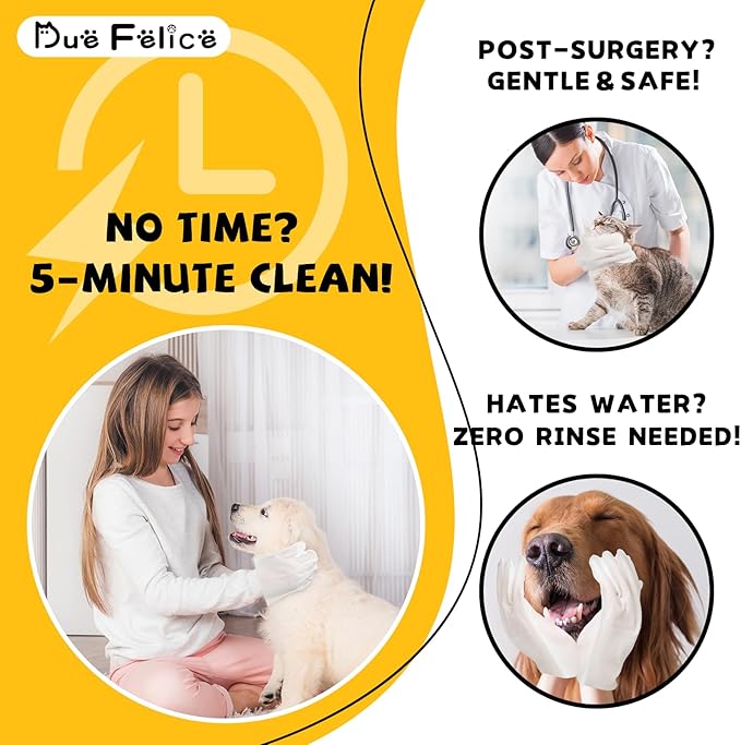 Pet Glove Wipes for Dogs Cats - Unscent Dog Washing Wipes & Waterless Cat Bathing Gloves Cleaning Deodorizing Grooming Wipe for Fur Paws Butt Face, Disposable Rinse Free Shampoo Mittens,10PCS