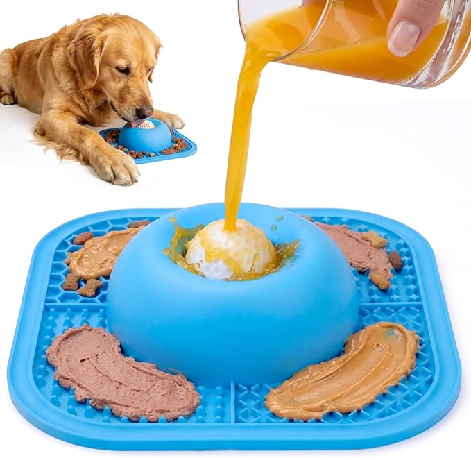 PetsHome Slow Feeder Dog Bowls & Lick Mat for Liquid and Thick Treat, Anti-Slip Dog Lick Bowl with Interactive Rolling Ball, 5/6 Cup Pup Licking Toy for Large Medium Small Dogs and Cats Blue