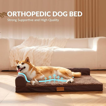 Patas Lague Orthopedic XL Dog Bed Large Sized Dog 48''X30'', Waterproof L Bolster Big Large Pet Sofa Beds with Removable Washable Cover, Soft Comfortable Pet Couch Crate Mat with Nonskid Bottom, Brown