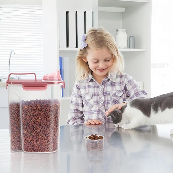 5-7Lbs Dog Cat Food Storage Container with Upgraded Large Nozzle BPA-free, 4 Snap Seals Plastic Pet Food Storage Containers with Handles (Claer(Pink+Grey), 5L-2pack)