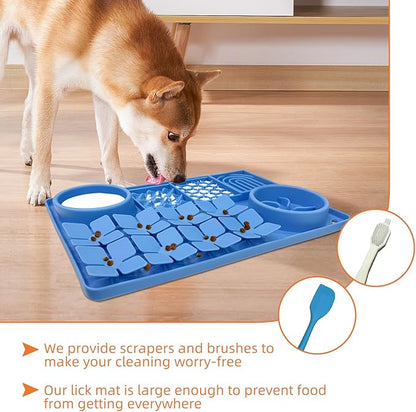 Lick Mat for Dogs Includes Brush and Scraper, Snuffle Mat Silicone Anti-chocking Pet Dish, Non-Slip Dog Licking Bowl Interactive Entertainment Puzzle Toy Blue