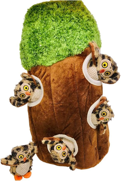 Glow Pups Dog Puzzle Toy Tree with Hide and Seek Squeaky Owl Plush Toys, Interactive Fun for Small and Medium Dogs, Promotes Mental Stimulation, Large Green Forest Animal
