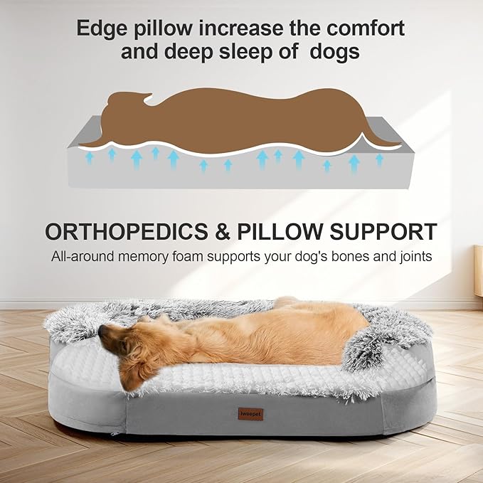 Fluffy 3.7 inch Thickened Orthopedic Dog Beds for Large Dogs, Supportive Dog Sofa Bed with 28D Egg-Crate Foam, Removable Washable Plush Cover, Waterproof Lining, Cozy Oval Design, Grey
