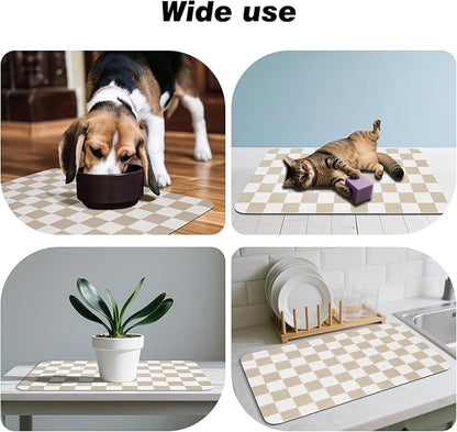 Checkered Dog Food Mat, Absorbent Leak-Proof Pet Feeding Mat, Quick Dry Cat Food Mat for Messy Drinkers 17" x 32" Khaki