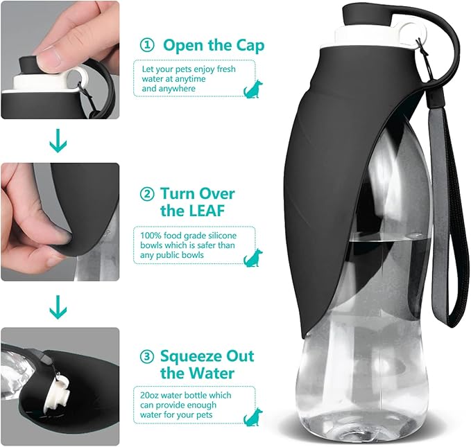 TIOVERY Dog Water Bottle, Portable Pet Water Dispenser Feeder Leak Proof with Drinking Cup Dish Bowl for Outdoor Walking, Hiking, Travel, 20OZ Water Bottle Fit for Small to Large Dogs and Cats Black