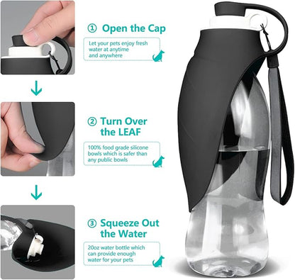 TIOVERY Dog Water Bottle, Portable Pet Water Dispenser Feeder Leak Proof with Drinking Cup Dish Bowl for Outdoor Walking, Hiking, Travel, 20OZ Water Bottle Fit for Small to Large Dogs and Cats Black