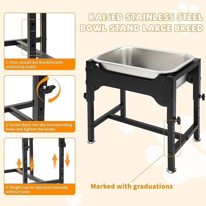 BWOGUE 1.25 Gal Elevated Large Dog Water Bowl, Raised Stainless Steel Bowl Stand Large Breed, 4 Height Adjustable (9", 11", 13", 15") Non-Slip Dog Feeding Station for Joint Pressure Relief Outdoor