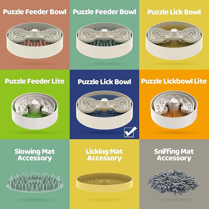 Puzzle Feeder Slow Feeder Dog Bowl with Lick Mat and Puzzle Inserts - Non-Slip Base, Adjustable Speed Design, Dishwasher Safe for Large Dogs,Blue