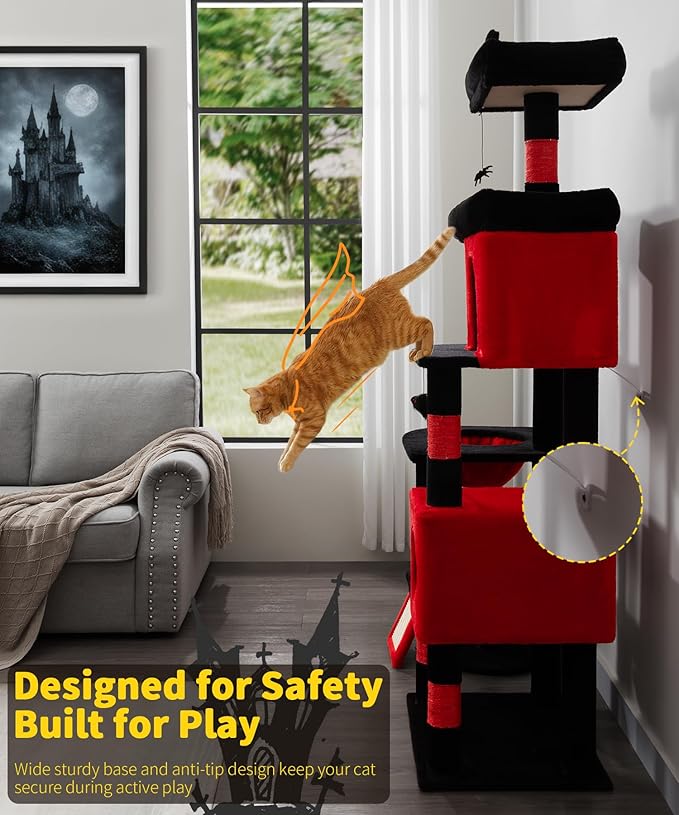 68 Inches Heavy Duty Cat Tree for Indoor Cat, Big Cat Tower with Sisal Scratching Posts and Top Perch, Large Platform for Adult Cats, PMT02RD, Black Red