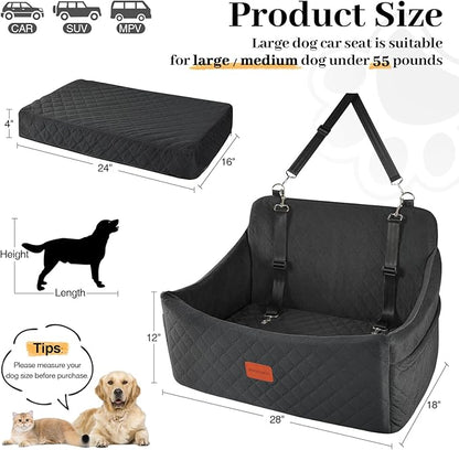 Wooaidagg Dog Car Seat for Medium & Large Dogs Up to 55lbs, Memory Foam Cushion, Washable Cover, Safety Straps & Non-Slip Bottom(Black,Large)