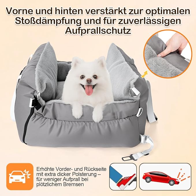 SIVES Dog Car Seat for Small Dogs, Soft Booster Seat Travel Bed with Side Flaps, Non-Slip Base, Seat Belt Straps + Safety Tether, Storage Pocket, Washable Cushion, Recommended Up to 33 lbs, Grey