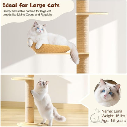 Tinnmao Solid Real Wood Floor to Ceiling Cat Tree, 7 Level Adjustable Height (105"-122"), Modern Climbing Tower with Thickened Wooden Sisal Scratching Posts & Cozy Bed for Indoor Cats Large Adult