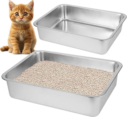 2 Pack Stainless Steel Cat Litter Box，Small Stainless Steel,Large Metal Cat Litter Box-Easy to Clean.(17.5" L x 13.6" W x 4.1" H).