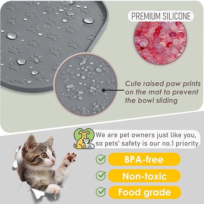 2 Pack Pet Feeding Mats, Waterproof Anti-Slip Placemats for Dog Cat Bowl Silicone Pet Food Mat, Raised Edge Prevent Spills on Floor & Carpet, Dishwasher Safe (2 Gray, 11" x 11")
