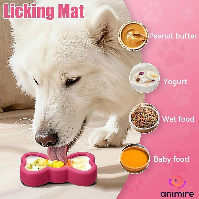 Lick Mat for Dogs, Animire Anti-Spilled Bow Tie Lick Bowls for Anxiety Relief, Silicone Slow Feeder Licking Pad with Suction Cups, Freezeable Dog Enrichment Toy for Boredom and Distraction(Rose,L)