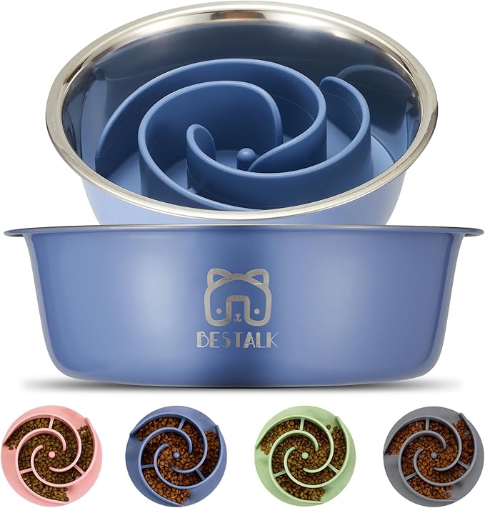 2-in-1 Metal Slow Feeder Dog Bowl, Bestalk Stainless Steel Dog Bowls with Silicone Slow Feeder Insert, Food Grade 304 Water Food Bowl with Anti-Slip Base for Small, Medium, Large Dogs