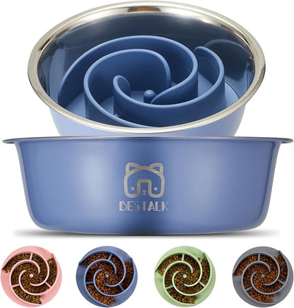 2-in-1 Metal Slow Feeder Dog Bowl, Bestalk Stainless Steel Dog Bowls with Silicone Slow Feeder Insert, Food Grade 304 Water Food Bowl with Anti-Slip Base for Small, Medium, Large Dogs