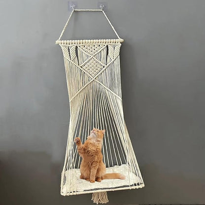 Macrame Hanging Cat Hammock Bed Cat Swing House Space Saving Window Perch with Washed Cotton Cats Toy Tassel Basket Tapestry (Beige, Swing Bed+Cushion, XL)