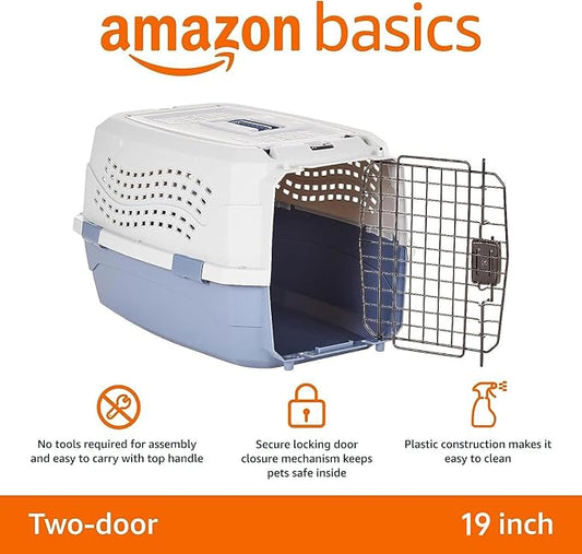 Amazon Basics 2-Door Top-Load Hard-Sided Pet Travel Carrier for Cats and Small Dogs, 19" L x 12.6" W x 10" H, Gray & Blue