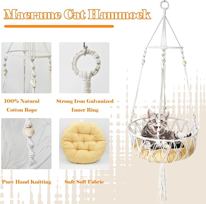 Macrame Cat Hammock Bed,Handwoven Hanging Boho Cat Bed with Hanging Kit for Indoor Outdoor Home Decor Ceiling Catio Swing for Playing Sleeping Climbing and Lounging(15.74x15.74x47.24IN)(L)