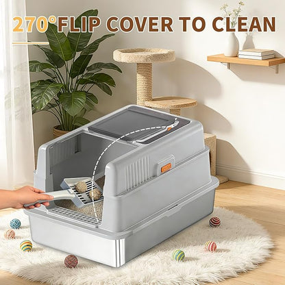 XXXXL Stainless Steel Litter Box with Lid,28.0" L × 20" W × 17" H Extra Large High Sided Cat Litter Box for Multi -Cats,Enclosed Metal Litter Box with Cat Scratcher and Scoop,Grey