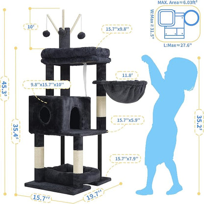 Heybly Cat Tree, 45.3-Inch Cat Tower for Indoor Cats with Large Perch, All-in-One Cat Furniture with Cozy Bed, Hidden Space Cat Condo, Comfy Hammock, Scratching Posts & 3 Pompoms, Smoky Gray HCT202SG