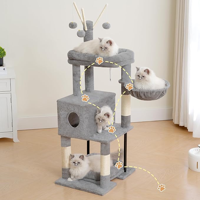 Heybly Cat Tree, 45.3-Inch Cat Tower for Indoor Cats with Large Perch, All-in-One Cat Furniture with Cozy Bed, Hidden Space Cat Condo, Comfy Hammock, Scratching Posts & 3 Pompoms, Light Gray HCT202SW