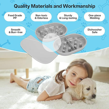 Cat Slow Feeder Bowls and Mat Set for Automatic Pet Care Feeder, YOIHABV 1 Slow Feed Single Bowl, 1 Puzzle Feeding Split Bowl, 1 Mat, Promote Healthy Eating, Non-Slip and BPA-Free, Easy to Clean