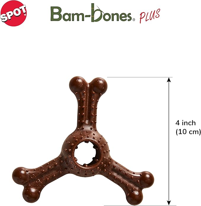 SPOT Bam-Bones Plus Triple Chew - Bamboo Fiber & Nylon, Durable Long Lasting Dog Toy for Aggressive Chewers – Great for Adult Dogs & Teething Puppies Under 30lbs, Non-Splintering, 4in, Bison Flavor