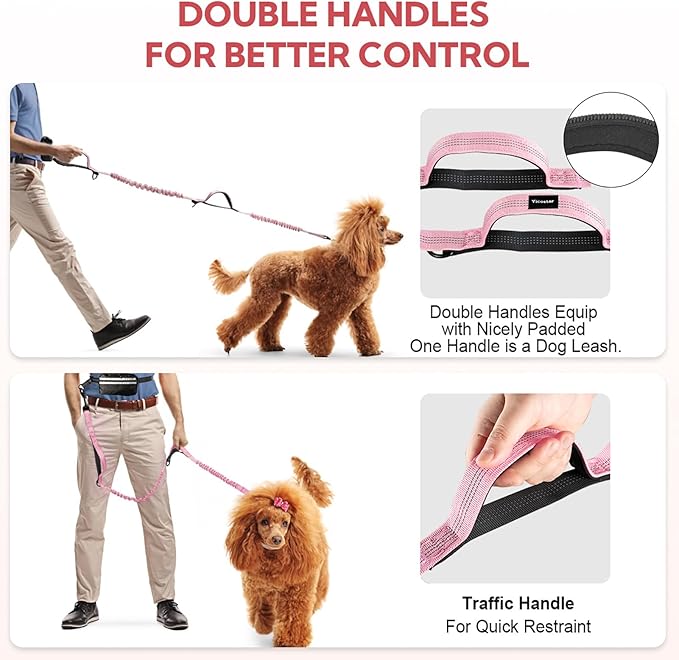 Hands Free Dog Leash, Adjustable Waist Belt with Double Padded Handles No Pull,Pink
