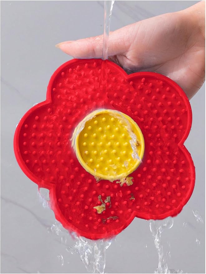 QWINEE Lick Mat for Dogs Cats Flower Shaped Pet Slow Feeder Dog Cat Puppy Bowl Lick Pad for Dog Fun Alternative to Slow Down Eat for Small Medium Large Dogs Red One-Size
