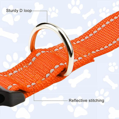 FunTags Reflective Dog Collar, Sturdy Nylon Collars for Medium Girl and Boy Dogs, Adjustable Dog Collar with Quick Release Buckle, Orange