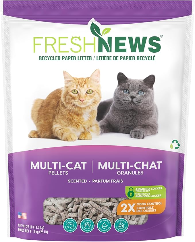 Fresh News Recycled Paper Multi-Cat Pellet Non-Clumping Paper Cat Litter, 25 Pound, 2X Odor Control, Made in USA