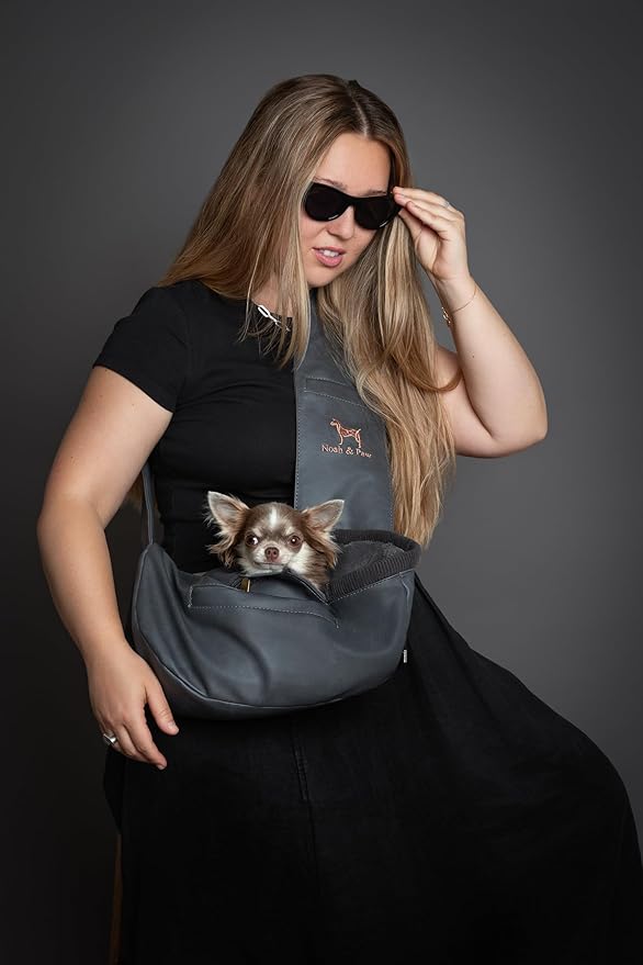 Noah & Paw Dog Sling Carrier for Small Dogs 3-10lb, Dog Sling for Small Dogs and Cats, Dog Carrier with Adjustable Padded Strap, Vegan Leather Lined with Fur, 3X Safety Features, Machine Washable