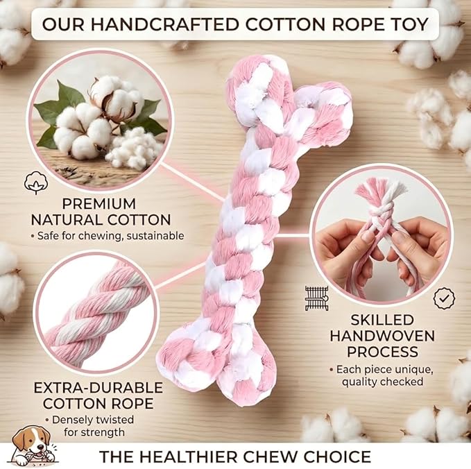 Dog Rope Toys Set with Bone-Shaped Chew Toy, Durable Cotton Rope Toys for Teething, Training, and Interactive Play for Small to Medium Dogs (Pink & White), 3 Piece-Set