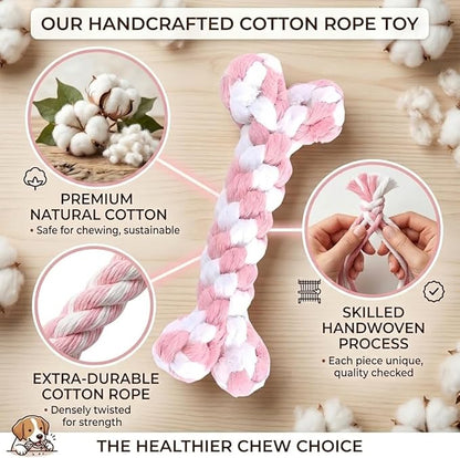 Dog Rope Toys Set with Bone-Shaped Chew Toy, Durable Cotton Rope Toys for Teething, Training, and Interactive Play for Small to Medium Dogs (Pink & White)