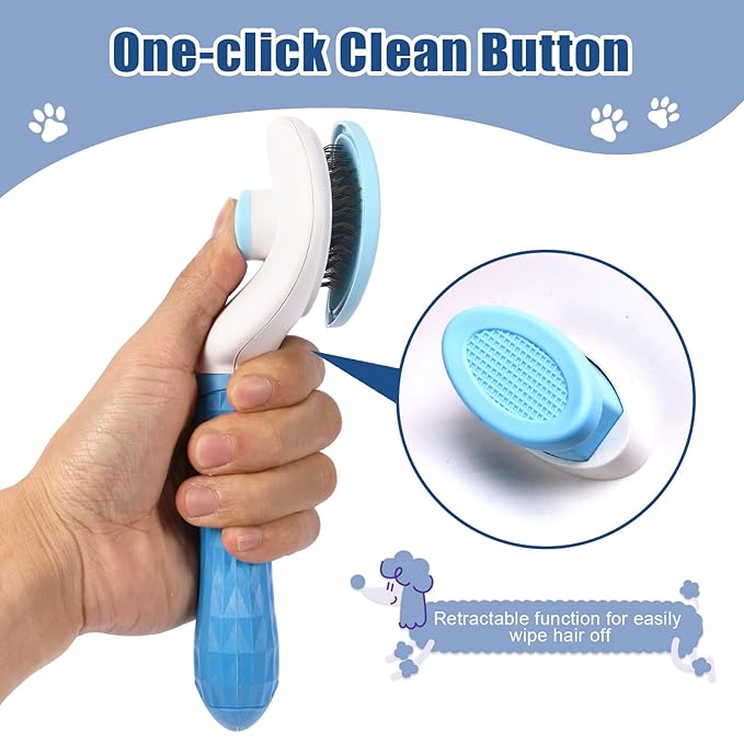 Self Cleaning Slicker Brush, Dog Cat Bunny Pet Grooming Shedding Brush - Easy to Remove Loose Undercoat, Pet Massaging Tool Suitable for Pets with Long or Short Hair (Blue)